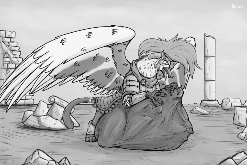 after_vore armor avian beak belly big_belly duo feral forced greyscale gryphon gryphon_pred gryphon_prey hands_on_belly headgear helmet male monochrome mythological_avian mythology ruins talons thatgryphonguy tongue tongue_out unwilling_prey vore wings