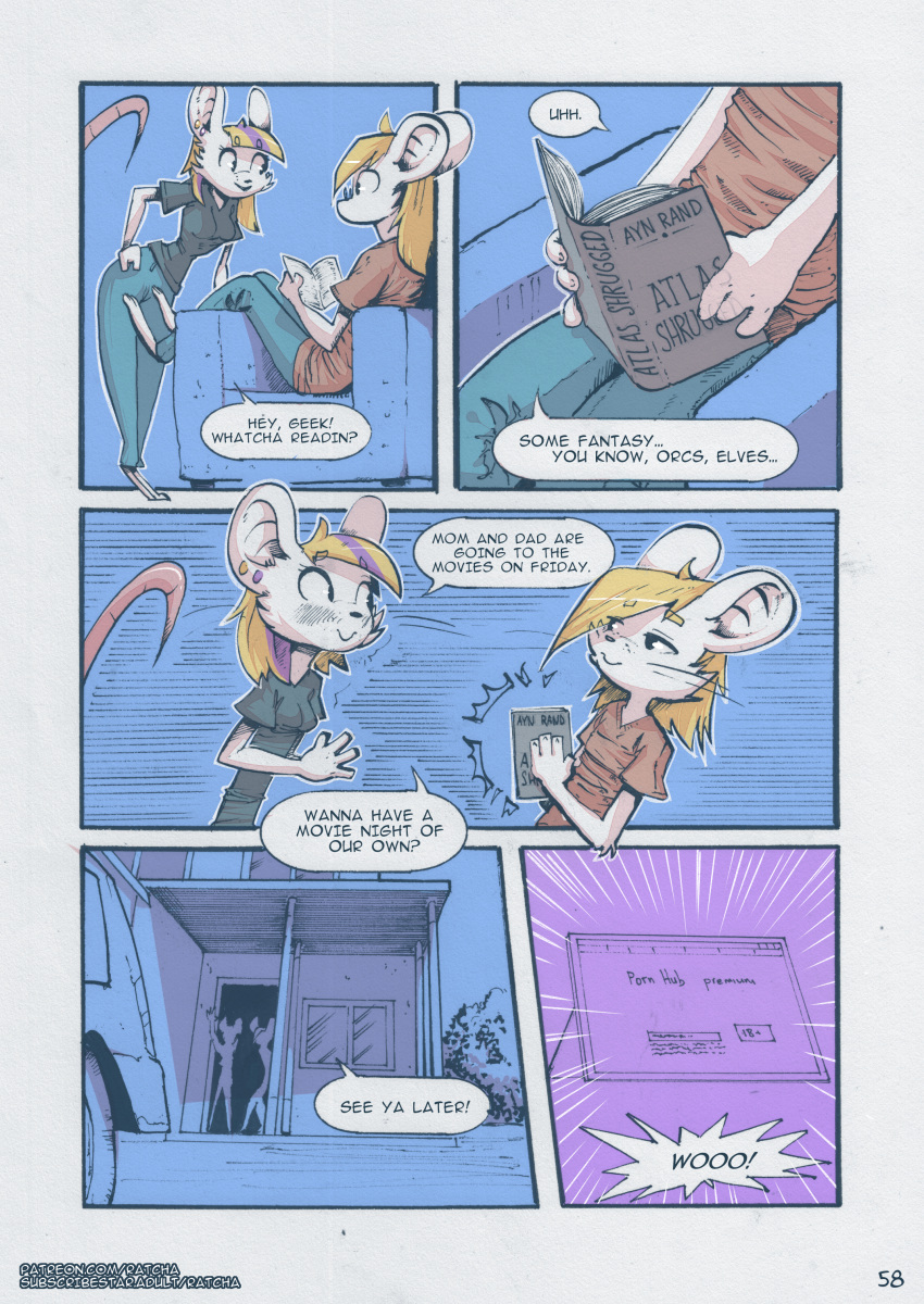 absurd_res anthro book brother brother_and_sister clothing comic dialogue duo ear_piercing female hi_res iris_(ratcha) male mammal mouse murid murine piercing ratcha reading rodent sibling simple_background sister skye_(ratcha) text twins