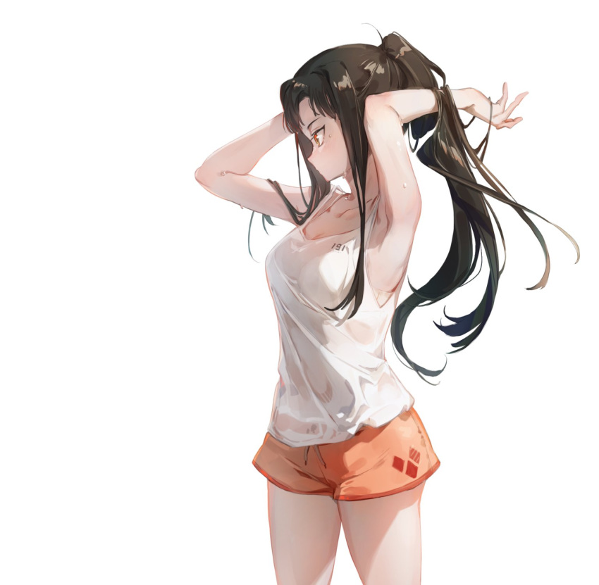 1girl adjusting_hair armpits arms_behind_head arms_up black_hair breasts character_request girls'_frontline hair_tie hand_in_own_hair highres holding holding_hair long_hair medium_breasts ponytail shorts shuzi sitting solo tank_top tying_hair white_background white_tank_top