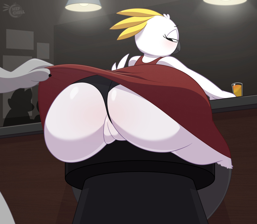 anthro avian beverage big_butt bird butt chip_(chipchell) chipchell clothed clothing clothing_aside clothing_lift cockatoo dress dress_lift feathers female genitals hi_res huge_butt looking_back panties panties_aside parrot pussy solo_focus underwear underwear_aside white_body white_feathers