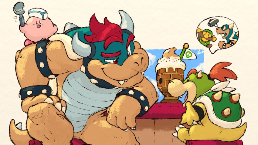 bowser's_brother bowser_jr. clothing dahecksajerry duo food group hair hat headgear headwear horn human kirby kirby_(series) koopa male mammal mario mario_bros nephew nintendo red_hair scalie shell spikes trio uncle uncle_and_nephew video_games
