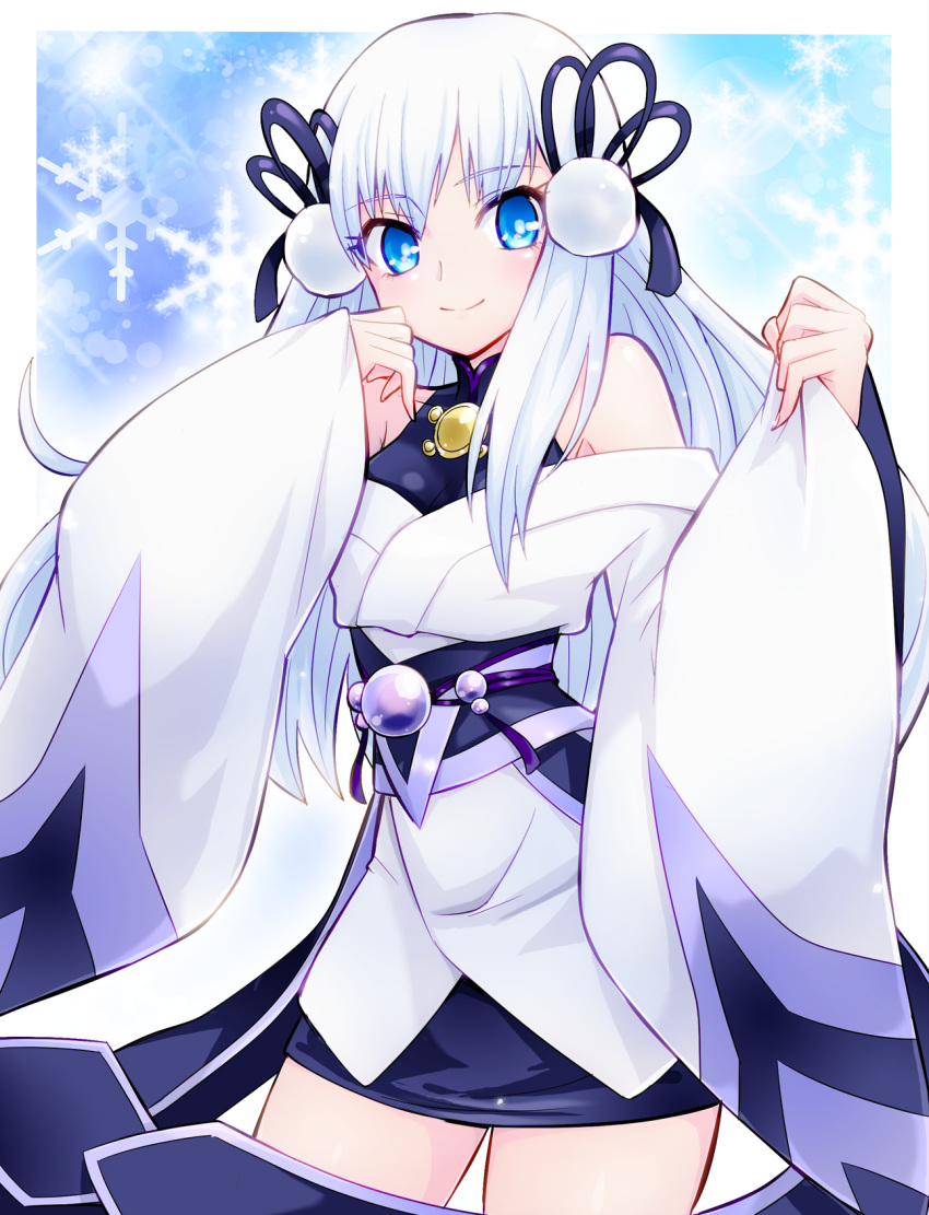 1girl bangs bare_shoulders blue_eyes breasts cowboy_shot duel_monster eyebrows_visible_through_hair hair_ornament highres japanese_clothes kimono long_hair long_sleeves obi sash smile snowflakes solo usoco white_hair white_sleeves wide_sleeves yu-gi-oh! yuki-onna_the_ice_mayakashi yuki_onna