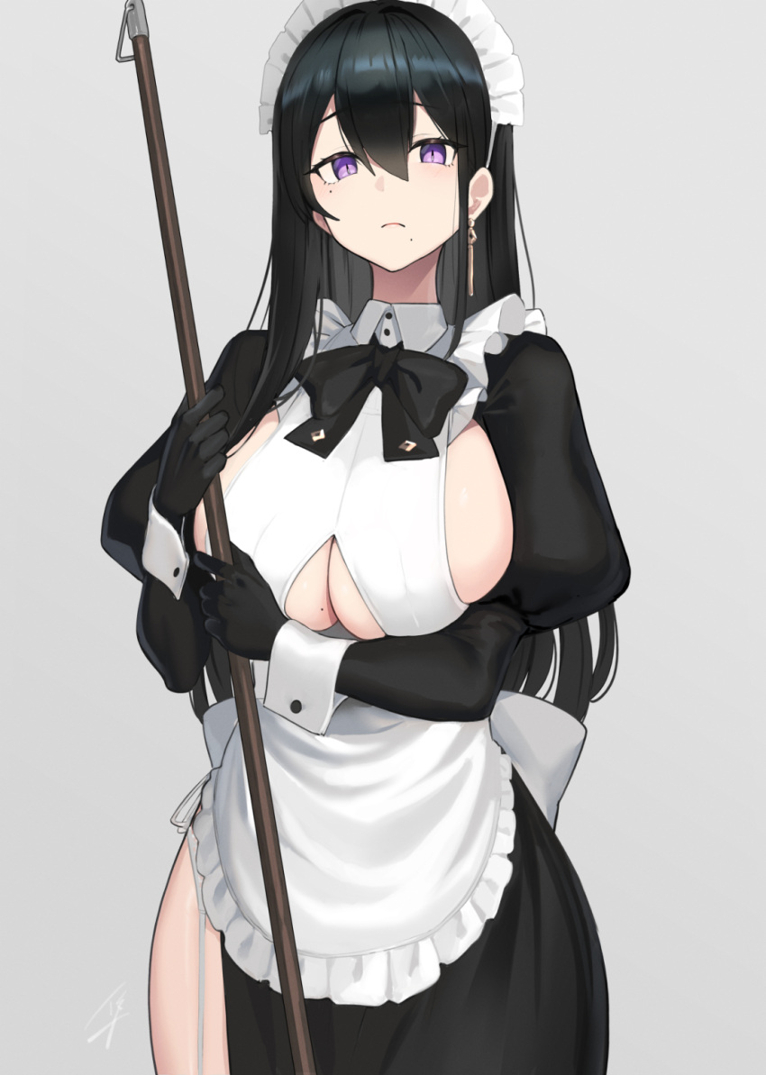 1girl apron bangs black_bow black_bowtie black_dress black_gloves black_hair blush bow bowtie breasts classy-black-haired_girl_(hayabusa) clothing_cutout commentary_request dress earrings gloves grey_background hayabusa highres holding jewelry large_breasts long_hair long_sleeves looking_at_viewer maid maid_headdress mole mole_on_breast mole_under_eye mole_under_mouth original puffy_sleeves purple_eyes revision side_slit sideboob simple_background single_earring solo underboob underboob_cutout white_apron wrist_cuffs