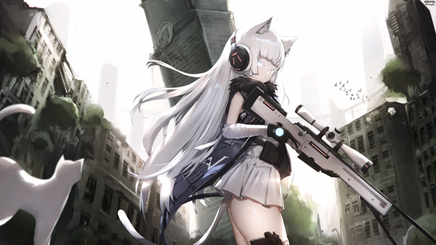 1girl absurdres ai_arctic_warfare animal animal_ear_fluff animal_ears awp_(girls'_frontline)_(nekoya_(liu)) bandaged_arm bandages bird black_gloves blue_eyes bolt_action building cat cat_ears cat_girl cat_tail closed_mouth colored_eyelashes commentary commission dress english_commentary girls'_frontline gloves gun headphones highres holding holding_gun holding_weapon long_hair looking_at_viewer nekoya_(liu) original overgrown pleated_dress rifle ruins skyscraper sleeveless sleeveless_dress sniper_rifle sniper_scope solo standing tail trigger_discipline very_long_hair weapon white_cat white_dress white_hair