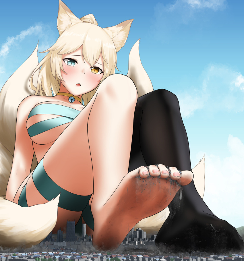 barefoot bikini black_legwear blonde_hair breasts city cityscape colored_skin copyright_request crushing day destruction feet ground_vehicle highres open_mouth orange_eyes rakia_(ds00309) socks swimsuit thighs train turquoise_eyes white_skin yellow_eyes