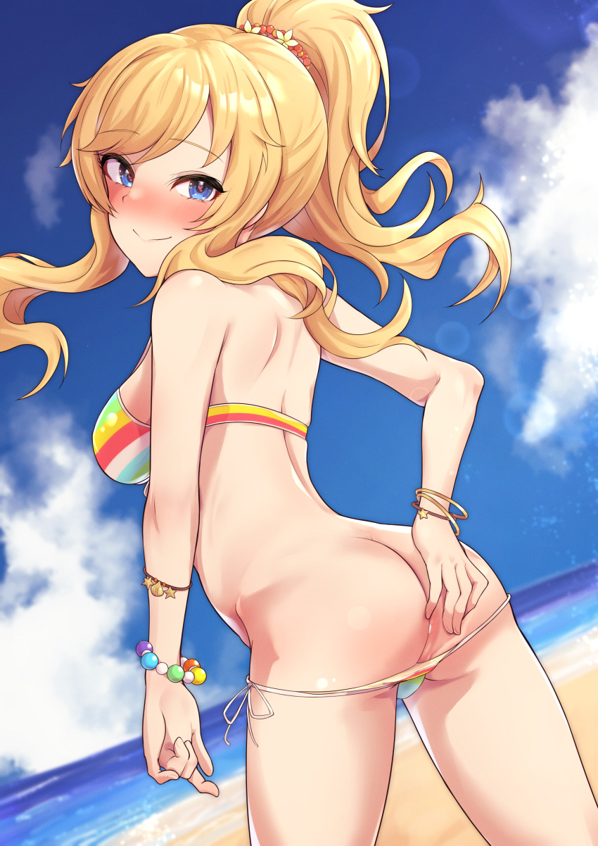 1girl absurdres anus ass bangs bare_shoulders beach bead_bracelet beads bikini bikini_pull blonde_hair blue_eyes blush bracelet breasts clothes_pull commentary_request cowboy_shot eyebrows_visible_through_hair from_behind hair_ornament heart heart_in_eye highres idolmaster idolmaster_cinderella_girls jewelry large_breasts long_hair looking_back ocean ohtsuki_yui oops outdoors ponytail pussy pussy_peek shiny shiny_hair smile solo standing striped striped_bikini swimsuit symbol_in_eye w