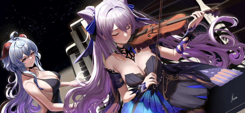 2girls absurdres ahoge bangs bare_shoulders black_dress blue_hair breasts cleavage closed_eyes curled_horns detached_collar double_bun dress ganyu_(genshin_impact) genshin_impact goat_horns grand_piano hair_cones hair_ears highres horns instrument keqing_(genshin_impact) keqing_(opulent_splendor)_(genshin_impact) large_breasts long_hair multicolored_clothes multicolored_dress multiple_girls music official_alternate_costume official_alternate_hairstyle piano piukute062 playing_instrument purple_eyes purple_hair purple_nails sideboob sidelocks sitting strapless strapless_dress two-tone_dress violin