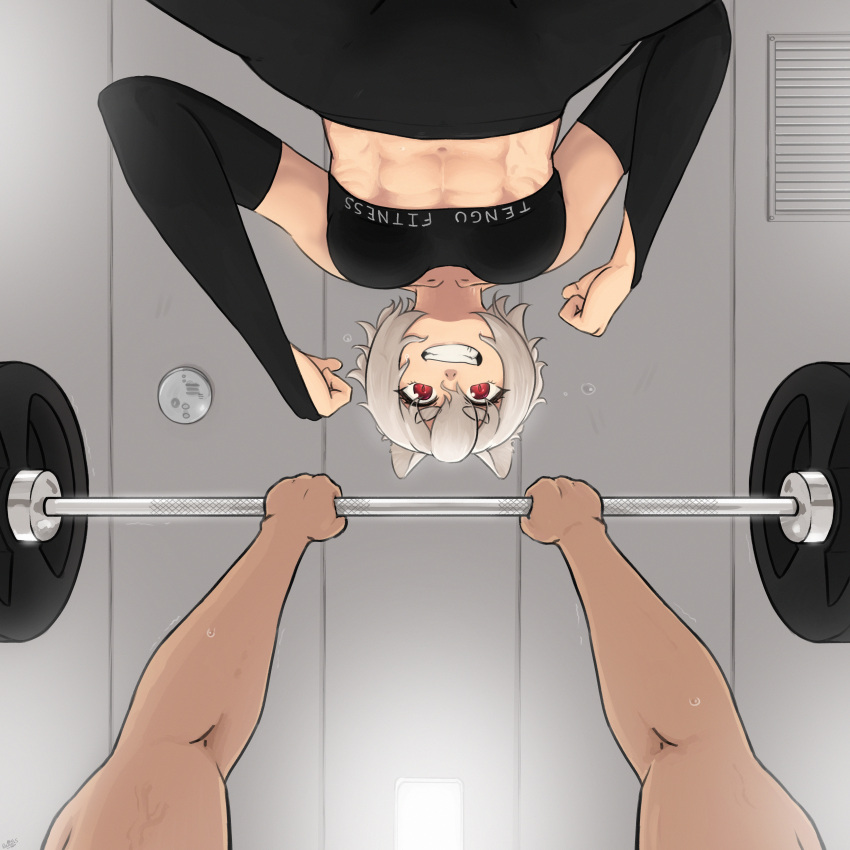 1girl abs absurdres arms_up barbell bench_press collarbone elbow_gloves english_commentary eyebrows_visible_through_hair from_below gloves highres inubashiri_momiji looking_at_viewer pov ramnik5 red_eyes smile sports_bra touhou upside-down white_hair wolf