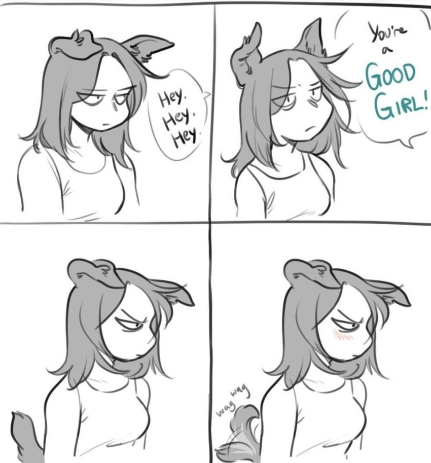 4-panel animal_humanoid blush canid canid_humanoid canine canine_humanoid clothing comic compliment dialogue dog_humanoid english_text female glacierclear good_girl hi_res humanoid mammal mammal_humanoid narrowed_eyes praise shirt solo speech_bubble tail_motion tailwag tank_top text topwear