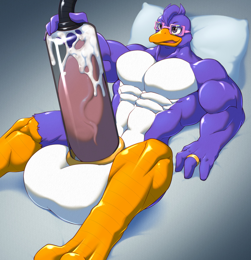 2022 4_fingers abs absurd_res accessory anatid anseriform anthro avian balls beak belly big_balls big_muscles big_penis bird bodily_fluids cock_ring croiyan cum duck english_text eyewear fingers genital_fluids genitals glasses hair hi_res huge_balls huge_penis hyper hyper_genitalia hyper_penis jewelry male mostly_nude muscular muscular_male orange_beak orange_feet penile penis penis_accessory penis_jewelry penis_milking penis_pump pillow pink_eyewear pink_glasses profanity purple_body purple_eyes ring simple_background solo text white_balls white_belly