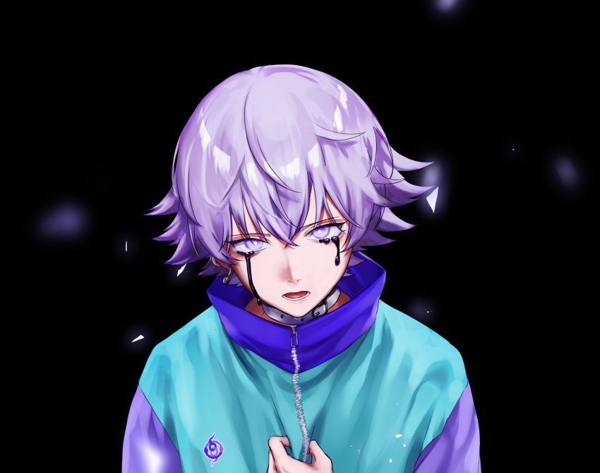 1boy black_background blue_hair clutching_chest clutching_clothes collar crying crying_with_eyes_open highres jacket male_focus multicolored_clothes multicolored_hair multicolored_jacket nyamnyam0502 open_mouth paradox_live purple_eyes purple_hair solo tearing_up tears yatonokami_nayuta