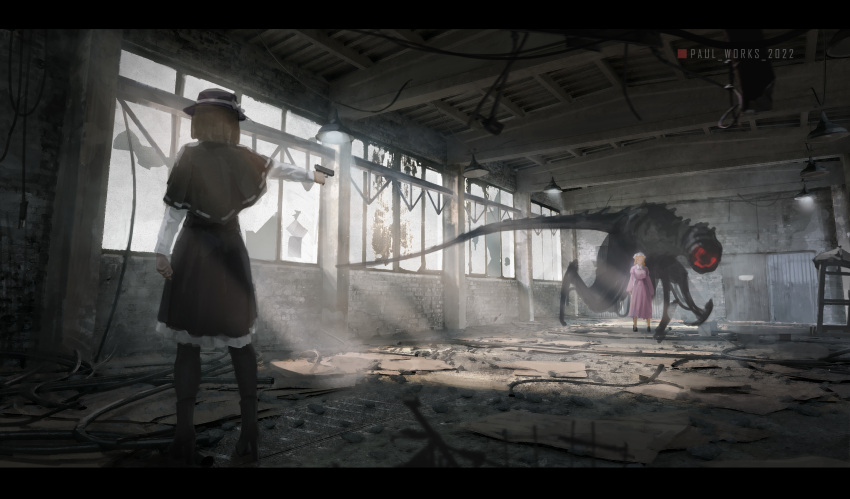 2girls aiming artist_name black_capelet black_footwear black_headwear black_legwear black_skirt blonde_hair broken_window brown_hair cable capelet ceiling ceiling_light chinese_commentary commentary dress faceless fedora frilled_skirt frills gun hat high_heels highres holding holding_gun holding_weapon indoors letterboxed light_rays lonesome_street long_sleeves maribel_hearn medium_hair mob_cap monster multiple_girls pantyhose pink_dress shirt shoes short_hair skirt touhou usami_renko weapon white_headwear white_shirt window