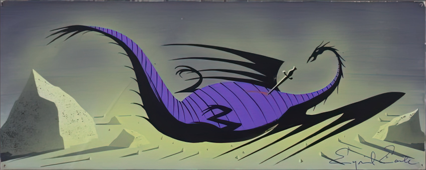 1959 20th_century ancient_art black_body blood bodily_fluids concept_art disney dragon eyvind_earle female feral gouache_(artwork) human lying macro maleficent mammal melee_weapon official_art on_back outside painting_(artwork) scalie sleeping_beauty_(1959) solo stab sword traditional_media_(artwork) weapon western_dragon wounded