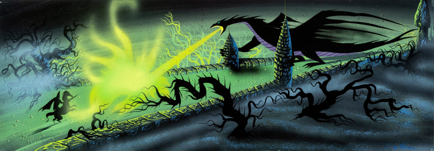 1959 20th_century ancient_art armor better_version_at_source breath_powers castle concept_art disney dragon duo elemental_manipulation equid equine eyvind_earle female feral fight fire fire_breathing fire_manipulation forest gouache_(artwork) hi_res horse human interspecies knight larger_feral male maleficent mammal melee_weapon official_art outside painting_(artwork) plant ruins scalie size_difference sleeping_beauty_(1959) smaller_human sword traditional_media_(artwork) tree warrior weapon western_dragon