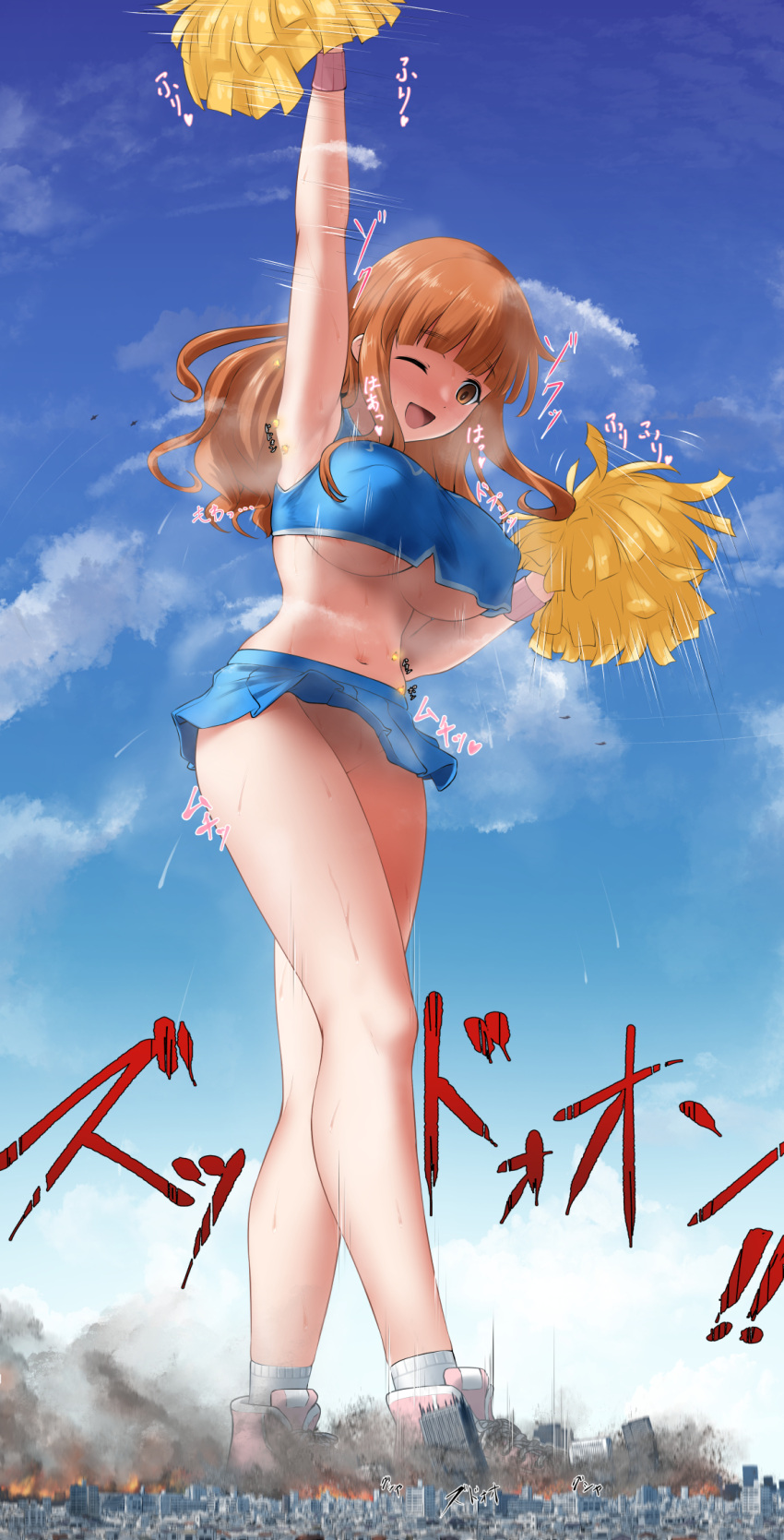 attack blue_shirt blue_skirt breasts brown_eyes cheerleader city cityscape cloud copyright_request crushing destruction fire giant giantess highres large_breasts midriff one_eye_closed open_mouth orange_hair rakia_(ds00309) shirt shoes skirt smile smoke stomping underboob yellow_pom_poms