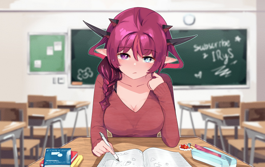 1girl absurdres alternate_costume bangs blue_eyes book bra_strap chalkboard character_name classroom collarbone desk english_commentary eraser eyebrows_visible_through_hair heterochromia highres holding holding_pen hololive hololive_english horns irys_(hololive) looking_at_viewer mr._squeaks_(hakos_baelz) namii_(namialus_m) notebook open_book pen pointy_ears purple_eyes purple_hair red_sweater solo sweater virtual_youtuber