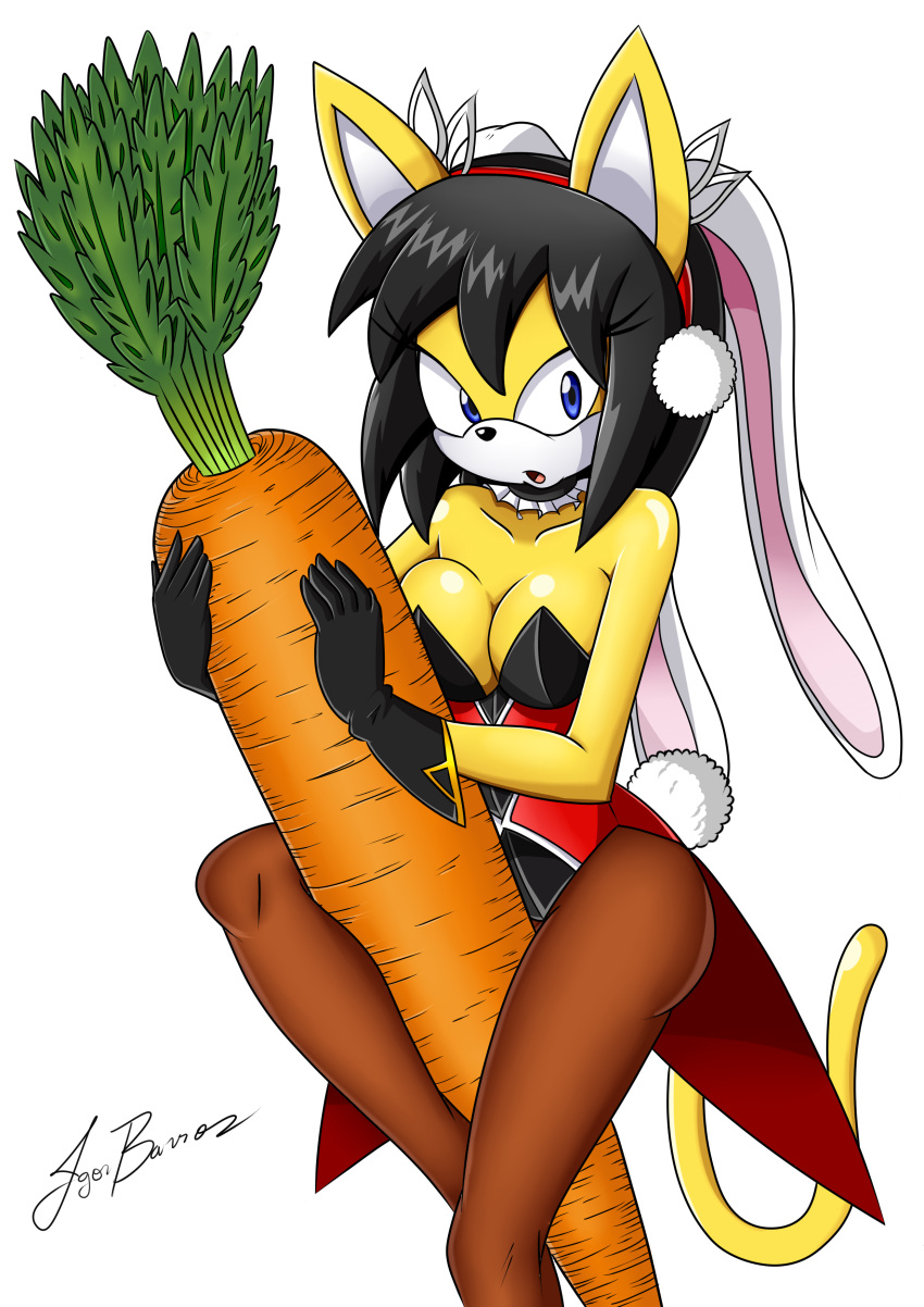 2018 absurd_res anthro black_hair black_nose blue_eyes breasts bunny_costume carrot clothing costume digital_media_(artwork) domestic_cat fake_ears fake_rabbit_ears felid feline felis female food fur gloves hair handwear hi_res honey_the_cat legwear looking_at_viewer mammal mrthunderigor00 open_mouth pantyhose plant sega signature simple_background solo sonic_the_fighters sonic_the_hedgehog_(series) tongue vegetable white_background white_body white_fur yellow_body yellow_fur