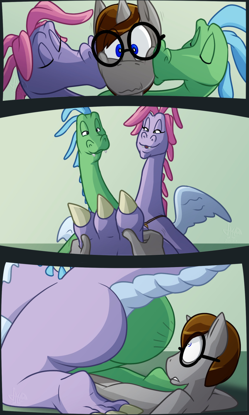 absurd_res blue_eyes butt conjoined dragon dragon_tales equid equine female foot_rub hi_res horn jamearts kissing male mammal unicorn wheezie_(dragon_tales) zak_(dragon_tales)