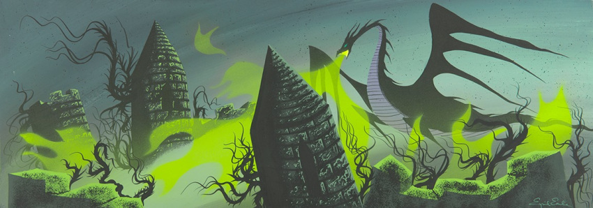 1959 20th_century ancient_art black_body breath_powers concept_art disney dragon elemental_manipulation eyvind_earle female feral fire fire_breathing fire_manipulation gouache_(artwork) human macro maleficent mammal official_art outside painting_(artwork) plant ruins scalie sleeping_beauty_(1959) solo traditional_media_(artwork) tree western_dragon