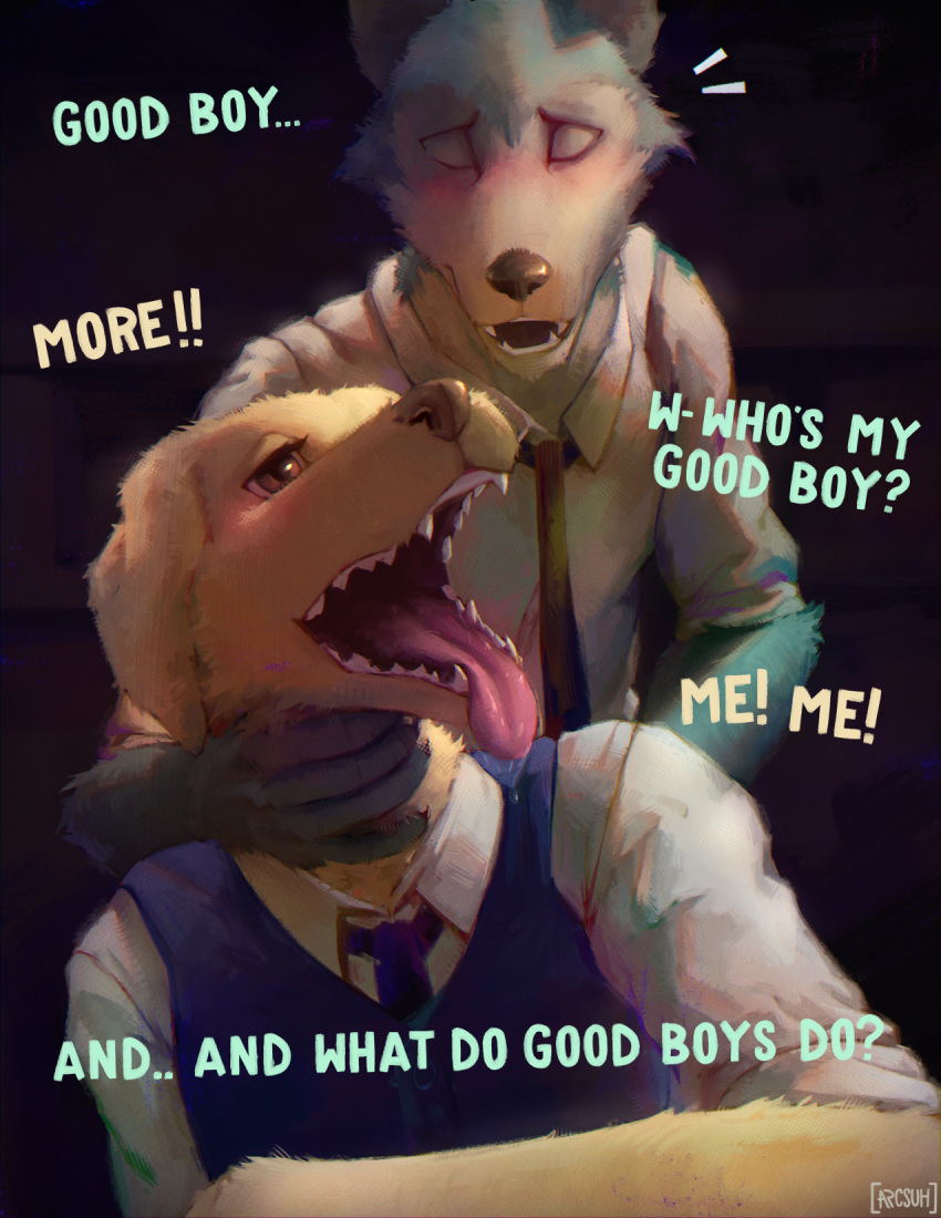 anthro arcsuh beastars bird_dog canid canine canis clothed clothing digital_media_(artwork) domestic_dog duo english_text from_behind_position fur good_boy hi_res hunting_dog jack_(beastars) legoshi_(beastars) male male/male male_penetrated male_penetrating male_penetrating_male mammal neck_grab open_mouth painted partially_clothed penetration retriever sex teeth text tongue tongue_out wolf