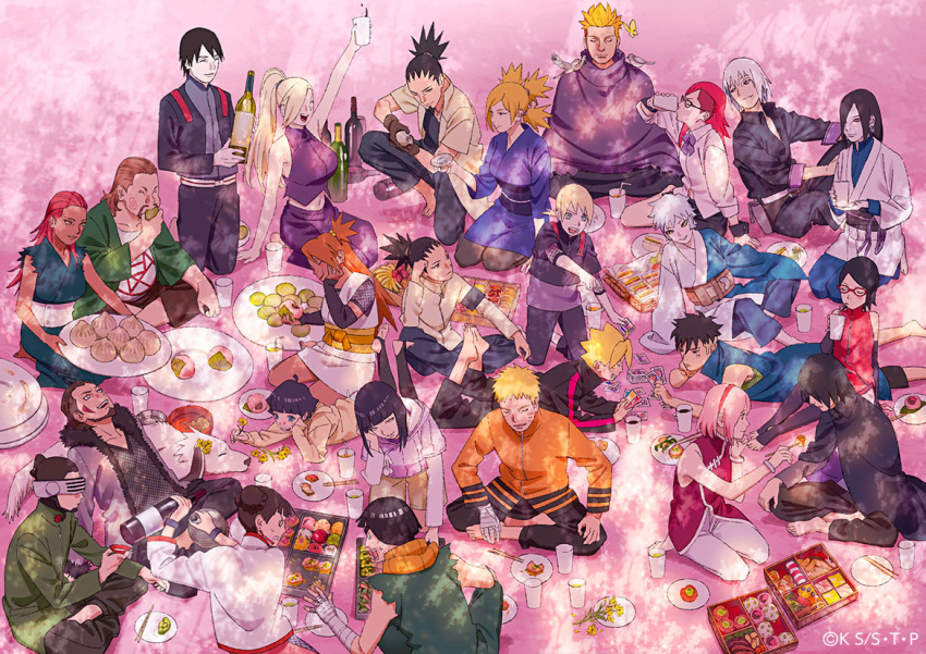 6+boys 6+girls aburame_shino akimichi_chouchou akimichi_chouji alcohol animal_on_shoulder beard belly bird bird_on_shoulder black-framed_eyewear black_hair blonde_hair boruto:_naruto_next_generations breasts brown_gloves brown_hair cherry_blossoms child closed_eyes crossed_legs dark-skinned_female dark-skinned_male dark_skin drinking dumpling eating everyone facial_hair father_and_daughter father_and_son food food_request from_above full_body glasses gloves goatee hair_slicked_back hanami happy haruno_sakura hoozuki_suigetsu hyuuga_hinata inuzuka_kiba juugo_(naruto) karin_(naruto) karui_(naruto) kawaki_(boruto) long_hair medium_breasts mitsuki_(naruto) mother_and_daughter mother_and_son multiple_boys multiple_girls nara_shikadai nara_shikamaru naruto_(series) official_art orange_hair orange_shirt orochimaru_(naruto) pale_skin pink_hair ponytail red-framed_eyewear red_hair rock_lee shirt short_hair smile spiked_hair tenten_(naruto) uchiha_sarada uchiha_sasuke uzumaki_boruto uzumaki_himawari uzumaki_naruto yamanaka_ino yamanaka_inojin