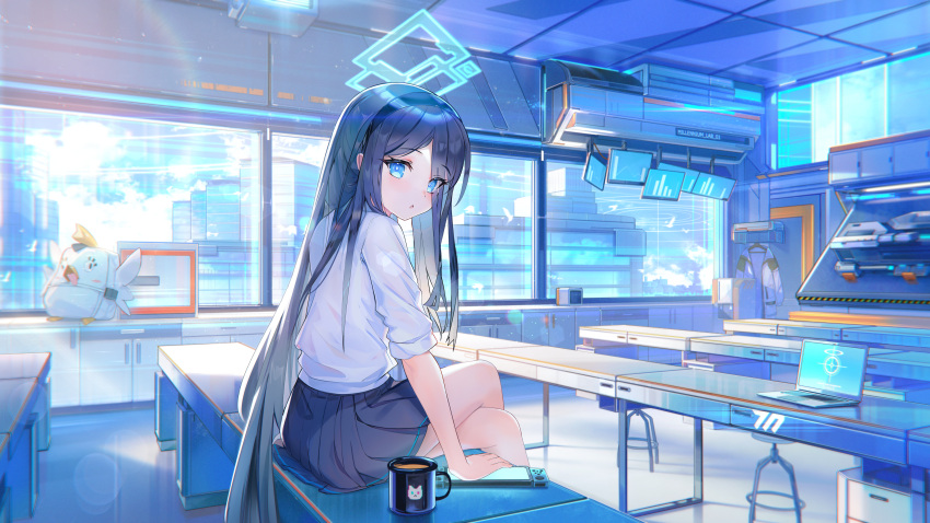 1girl absurdres animal_print arisu_(blue_archive) backpack bag bangs bare_legs black_hair black_hairband black_skirt blue_archive blue_eyes blue_sky blush cat_print cloud commentary computer cup desk eyebrows_visible_through_hair hair_between_eyes hairband halo handheld_game_console highres indoors janyhero laptop long_hair looking_at_viewer looking_to_the_side on_desk parted_lips peroro_(blue_archive) pleated_skirt sailor_collar shirt short_sleeves sitting sitting_on_desk skirt sky solo sunlight very_long_hair weapon white_shirt window