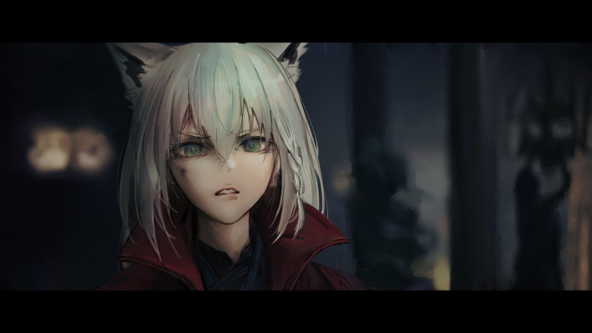 1girl absurdres animal_ears aqua_eyes braid cosplay doctor_strange doctor_strange_(cosplay) doctor_strange_(series) fake_screenshot fox_ears fox_girl highres hololive hyde_(tabakko) letterboxed parody parted_lips shirakami_fubuki side_braid solo virtual_youtuber white_hair