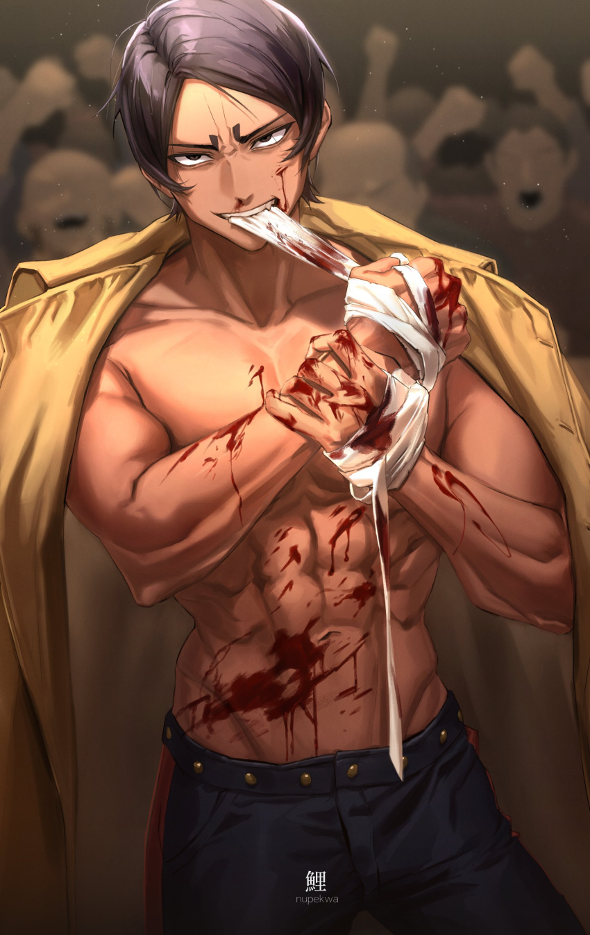 abs absurdres akira_(nupekwa) bandaged_hand bandages black_eyes black_hair blood blood_on_face blood_on_hands blue_pants dark-skinned_male dark_skin golden_kamuy highres koito_otonoshin male_focus multiple_boys muscular muscular_male navel open_clothes pants short_hair thick_eyebrows topless_male