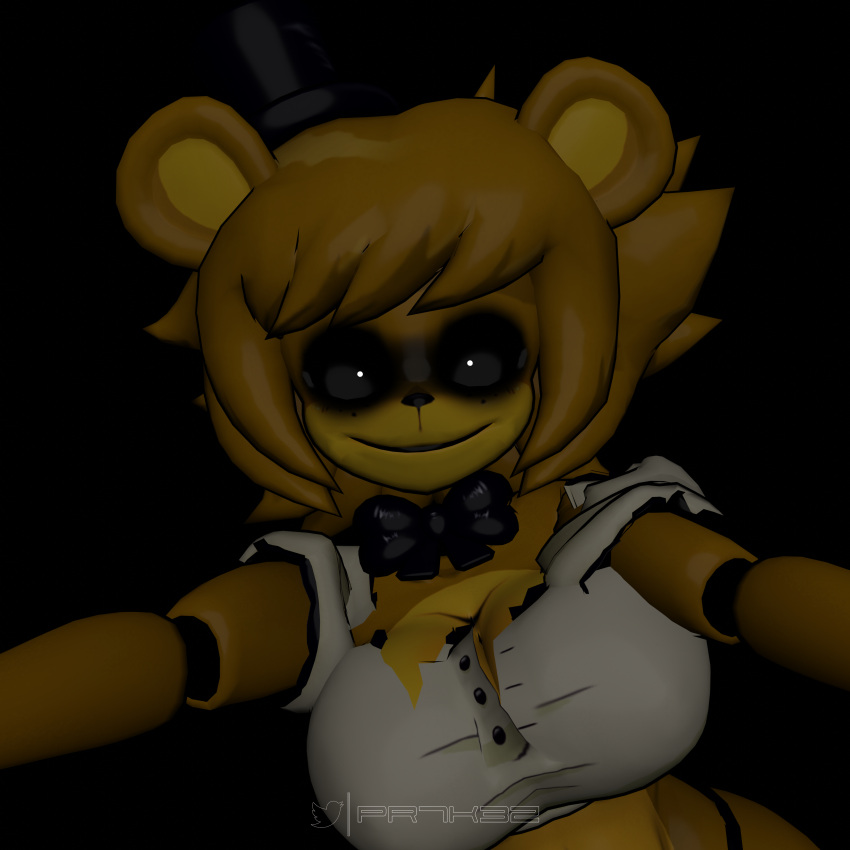 1:1 absurd_res anthro black_bow_tie black_sclera black_top_hat blonde_hair bow_tie clothing female five_nights_at_freddy's floating_limbs fredina's_nightclub fur golden_freddy_(fnaf) golden_fredina_(cally3d) hair hat headgear headwear hi_res mammal prykez pupils scottgames shirt small_pupils smile smiling_at_viewer solo top_hat topwear torn_clothing ursid video_games white_clothing white_shirt white_topwear yellow_body yellow_fur