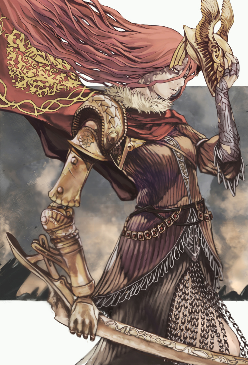 1girl armor blade cape closed_mouth dress elden_ring gold_armor helmet highres holding holding_sword holding_weapon long_hair malenia_blade_of_miquella mechanical_arms nyami prosthesis prosthetic_arm red_cape red_hair scar simple_background single_mechanical_arm solo sword very_long_hair weapon winged_helmet yellow_eyes