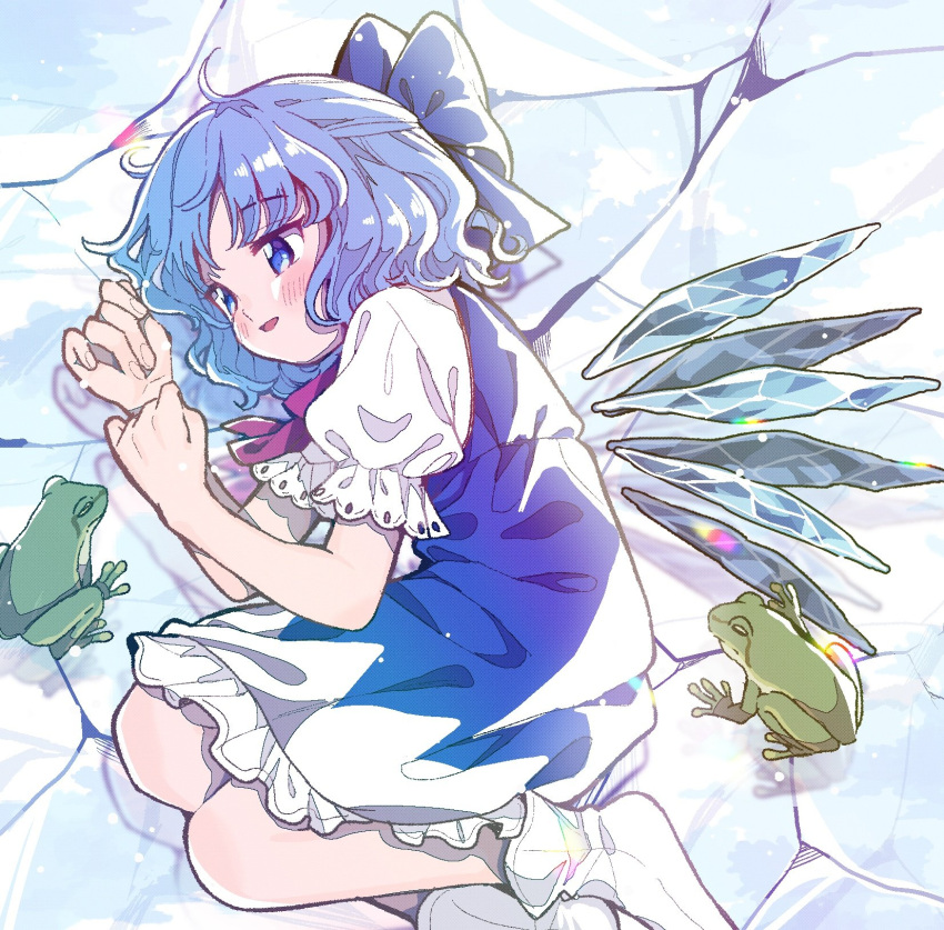 1girl ahoge animal bangs blue_bow blue_dress blue_eyes blue_hair blush bow bowtie cirno colored_skin commentary_request dress eyebrows_visible_through_hair eyelashes fingernails frog green_skin hands_up highres ice ice_wings looking_at_another lying no_shoes on_side open_mouth parted_bangs puffy_short_sleeves puffy_sleeves purple_bow purple_bowtie satomachi shadow shirt short_hair short_sleeves smile socks tongue touhou white_legwear white_shirt window wings