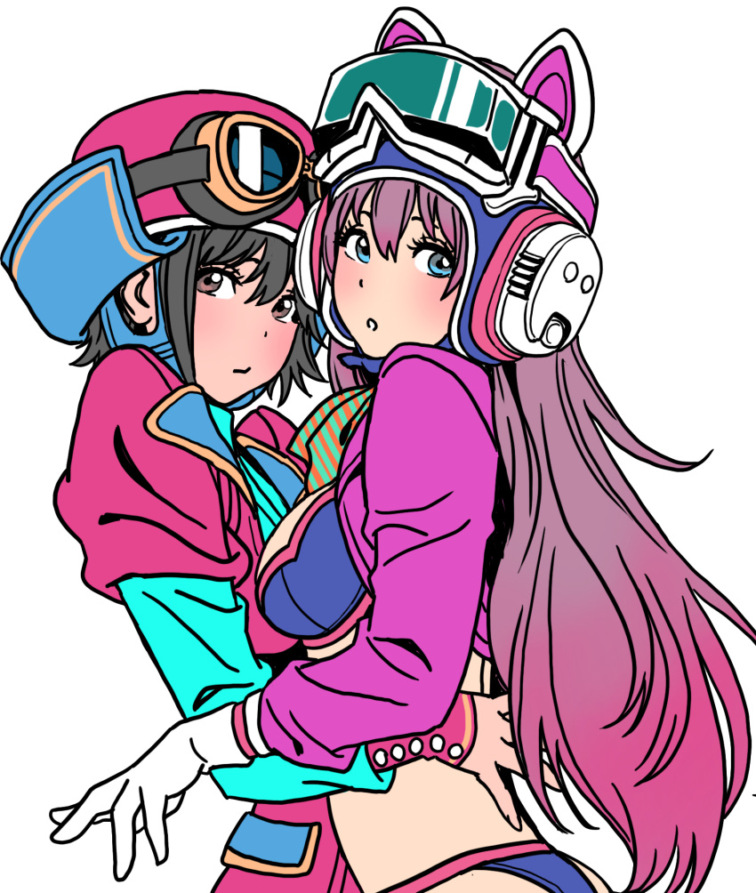 2girls animal_ears bangs black_hair blue_eyes blush breasts brown_eyes commentary_request fake_animal_ears from_side gloves goggles goggles_on_head gradient gradient_hair hat headphones helmet highres hug long_hair long_sleeves looking_at_viewer medium_breasts multicolored_hair multiple_girls original parted_lips purple_hair short_hair simple_background striped upper_body white_background yamashita_shun'ya