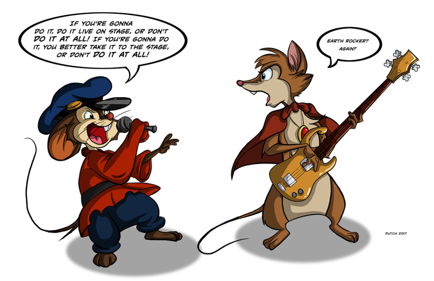2017 an_american_tail anthro baggy_clothing barefoot bass_guitar black_text bottomless bottomless_female brown_body brown_fur buckteeth cape clothed clothing clutch_(band) dialogue don_bluth duo dutch_(artist) english_text feet female fievel_mousekewitz fur gem guitar jewelry lyrics male mammal microphone mouse mrs._brisby murid murine musical_instrument pink_nose plucked_string_instrument red_cape red_gem red_nose rodent shadow signature simple_background singing speech_bubble string_instrument teeth text the_secret_of_nimh white_background