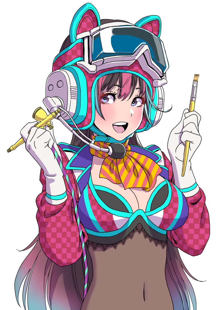 1girl absurdres animal_ears bangs breasts brown_hair checkered_clothes cleavage commentary_request covered_navel fake_animal_ears gloves goggles goggles_on_head gradient gradient_hair hands_up headset helmet highres holding loincloth long_hair long_sleeves looking_at_viewer medium_breasts multicolored_hair neckerchief open_mouth original paintbrush purple_eyes purple_hair simple_background smile solo teeth upper_body white_background white_gloves yamashita_shun'ya