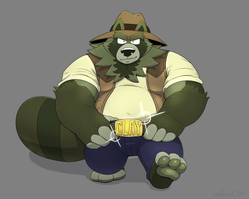 2022 anthro belly big_belly bottomwear canid canine clothing cowboy cowboy_hat green_body hat headgear headwear hi_res humanoid_hands male mammal overweight overweight_male pants raccoon_dog runxforest shirt simple_background solo tanuki topwear