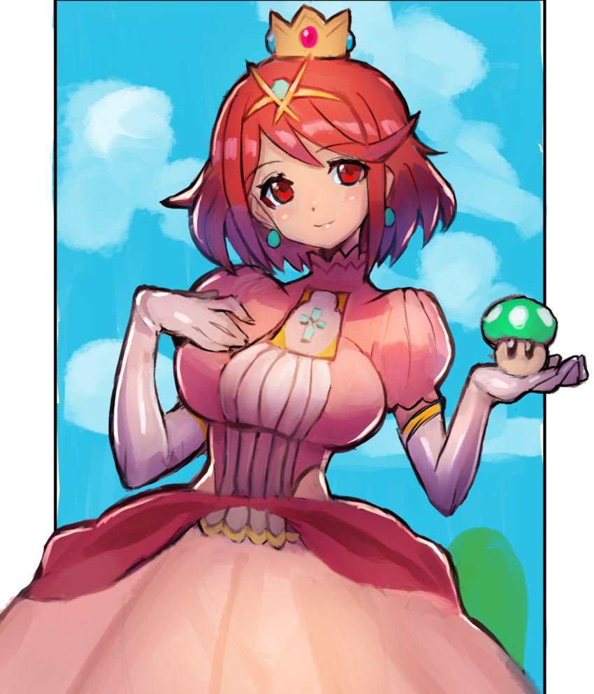 1up bangs breasts chest_jewel cosplay crown dakusuta dress earrings gem headpiece highres jewelry large_breasts mario_(series) mushroom pink_dress princess_peach princess_peach_(cosplay) pyra_(xenoblade) red_eyes red_hair short_hair swept_bangs tiara xenoblade_chronicles_(series) xenoblade_chronicles_2