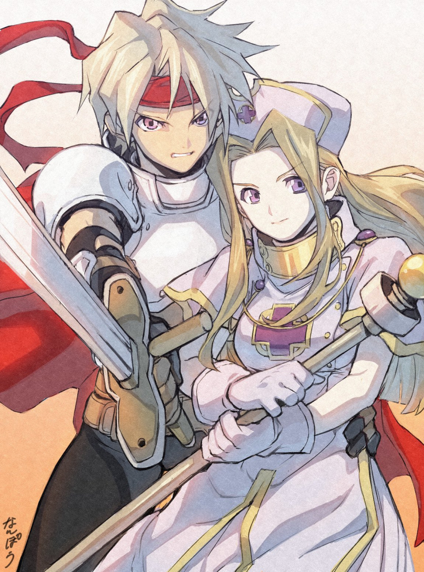 1boy 1girl armor bangs blonde_hair cape clenched_teeth cress_albane gloves hand_on_another's_waist hat headband highres holding holding_sword holding_weapon long_hair mage_staff mint_adenade nanpou_(nanpou0021) nurse_cap parted_bangs pink_eyes purple_eyes red_cape red_headband short_sleeves shoulder_armor sidelocks staff sword tales_of_(series) tales_of_phantasia teeth weapon