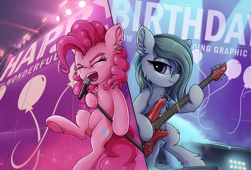 cutie_mark earth_pony equid equine eyelashes eyes_closed female feral friendship_is_magic fur green_hair grey_body grey_fur guitar hair half-closed_eyes hasbro hi_res holding_musical_instrument holding_object horse inner_ear_fluff long_hair mammal marble_pie_(mlp) microphone musical_instrument my_little_pony narrowed_eyes open_mouth pink_body pink_fur pink_hair pink_tail pinkie_pie_(mlp) plucked_string_instrument pony purple_eyes singing string_instrument tuft zeepheru_pone