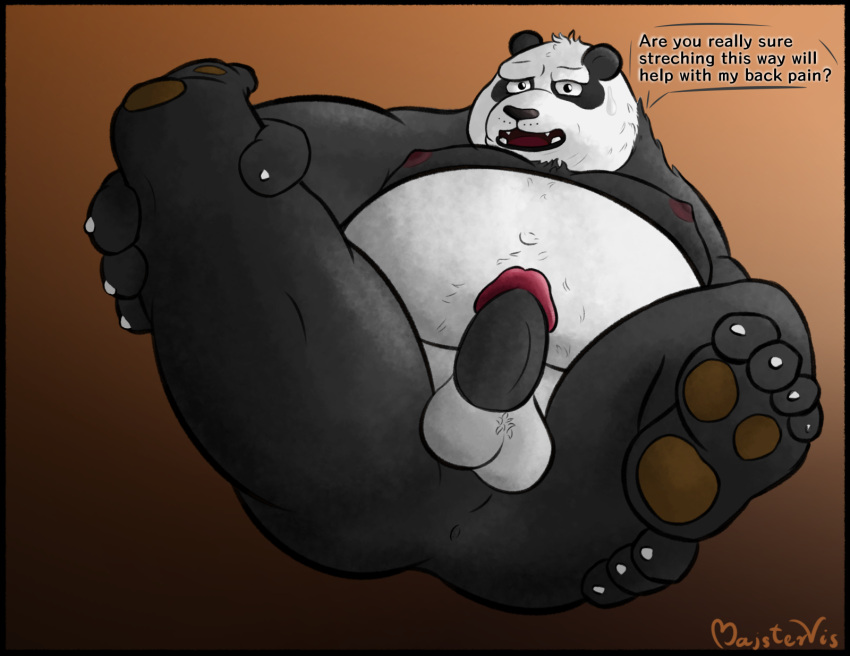 anus black_border border chubby_male dreamworks english_text genitals giant_panda hi_res kung_fu_panda li_shan_(kung_fu_panda) majstervis male mammal nude overweight overweight_male penis slightly_chubby solo text thick_penis ursid