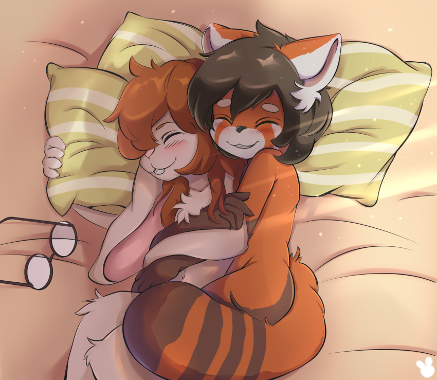 acomfyblanket ailurid duo eyewear fur fyari glasses hi_res mammal orange_body orange_fur pillow red_panda smile white_body white_fur