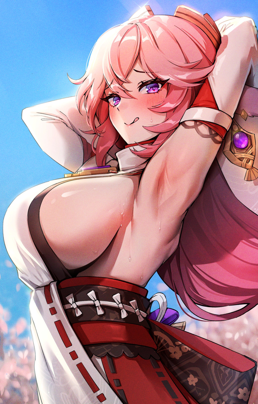 1girl absurdres armpit_focus armpits arms_up bare_shoulders blurry blurry_background blush breasts detached_sleeves foxyreine genshin_impact highres japanese_clothes large_breasts licking_lips long_hair no_bra pink_hair purple_eyes revision sideboob smile solo sweat tongue tongue_out yae_miko