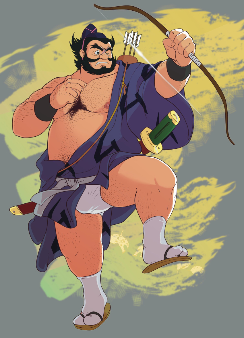 1boy absurdres akuemon arm_hair arrow_(projectile) bara bare_pectorals beard belly bow_(weapon) bulge chest_hair english_commentary facial_hair fat fat_man forked_eyebrows full_body fundoshi gdoubt_(picsontop) hairy headwear_request hidari_taisho highres holding holding_bow_(weapon) holding_weapon japanese_clothes large_pectorals leg_hair male_focus male_underwear male_underwear_peek mature_male muscular muscular_male mustache mutton_chops nipples pectorals sandals short_hair sideburns socks solo thick_eyebrows thick_thighs thighs underwear weapon white_male_underwear