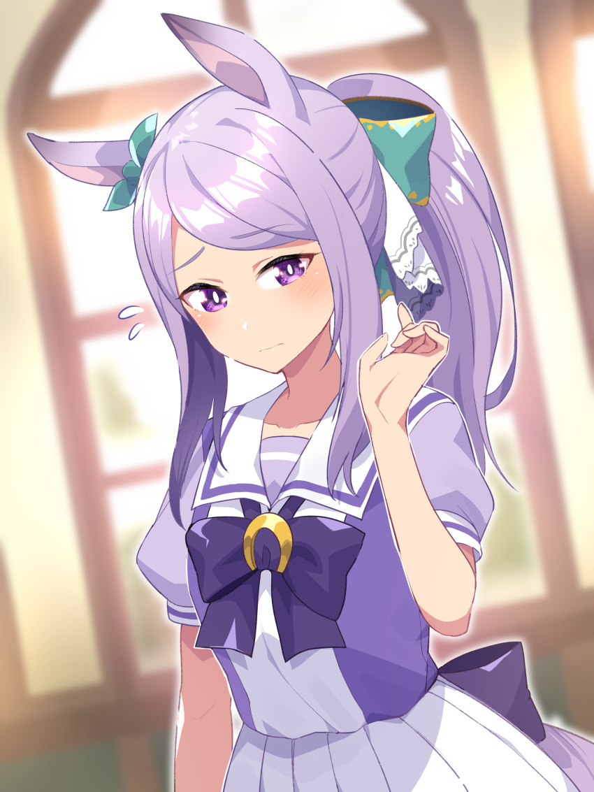 absurdres alternate_costume animal_ears blurry blurry_background breasts collarbone commentary_request hair_ornament highres horse_ears horse_girl looking_at_viewer mejiro_mcqueen_(umamusume) ponytail purple_eyes purple_hair ribbon school_uniform small_breasts tomoyohi tracen_school_uniform umamusume window