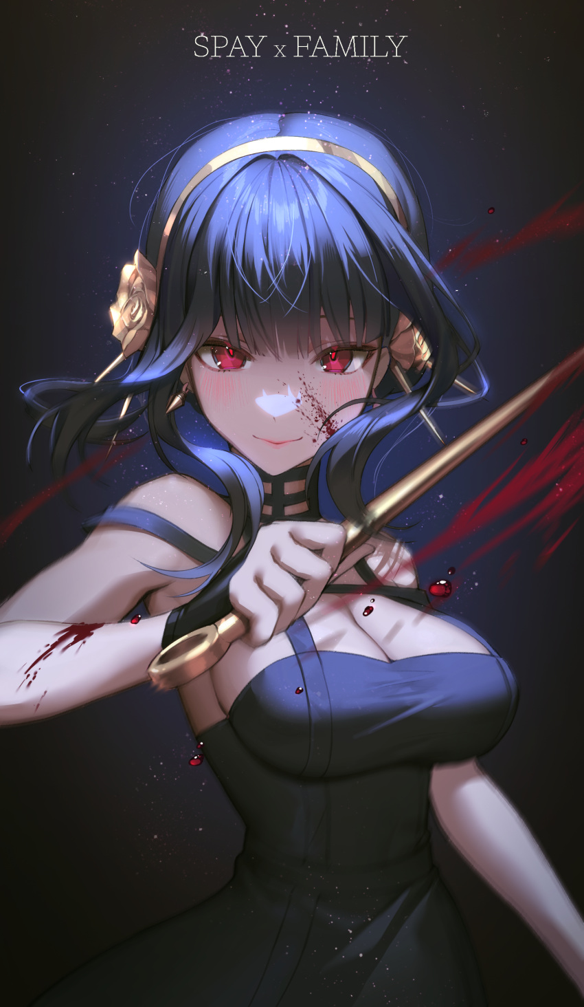 1girl absurdres bangs bare_shoulders black_gloves blood blood_on_arm blood_on_face blunt_bangs blurry blush breasts cleavage commentary_request copyright_name dress english_text engrish_text fingerless_gloves gloves hair_ornament headband highres holding holding_weapon impossible_clothes impossible_dress kkuni looking_at_viewer medium_breasts motion_blur ranguage red_dress red_eyes red_hair sideboob sidelocks smile solo spy_x_family weapon yor_briar