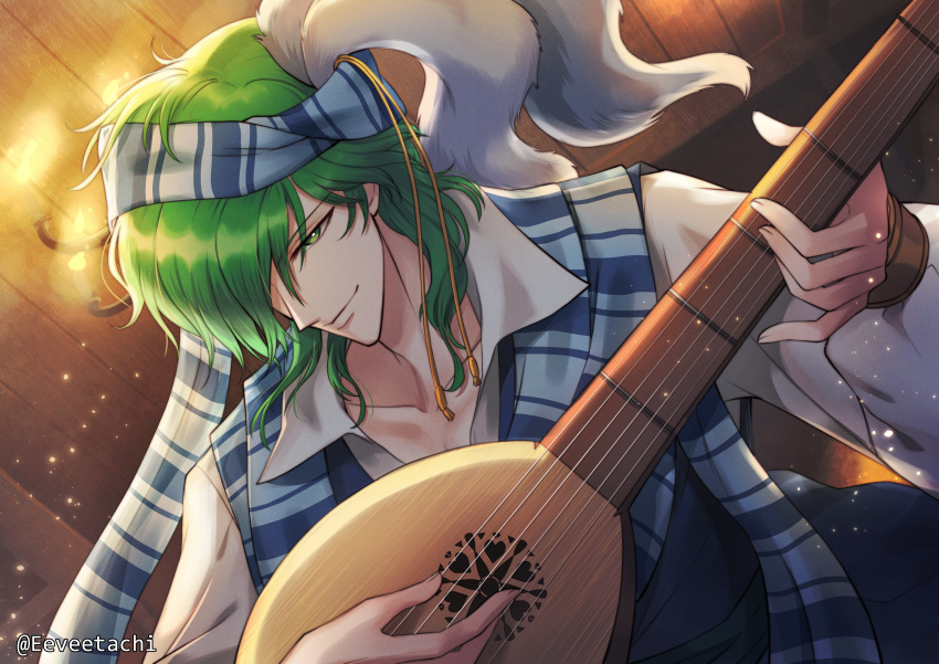 1boy absurdres artist_name bangs blue_vest collarbone commentary_request dutch_angle eeveetachi fire_emblem fire_emblem:_genealogy_of_the_holy_war green_eyes green_hair head_scarf highres holding holding_instrument indoors instrument lewyn_(fire_emblem) light_particles long_sleeves lute_(instrument) male_focus music partial_commentary playing_instrument shirt short_hair smile solo twitter_username upper_body vest white_shirt