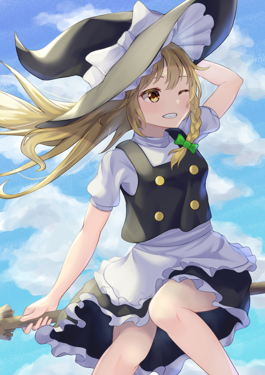 1girl apron black_skirt black_vest bow breasts broom broom_riding buttons commentary_request floating_hair frilled_hat frilled_skirt frills grin hand_on_headwear hat hat_bow highres kirisame_marisa long_hair one_eye_closed puffy_short_sleeves puffy_sleeves shirt short_sleeves skirt small_breasts smile solo touhou urochii_(ju2ti6jgpt) vest waist_apron white_apron white_bow white_shirt witch witch_hat yellow_eyes