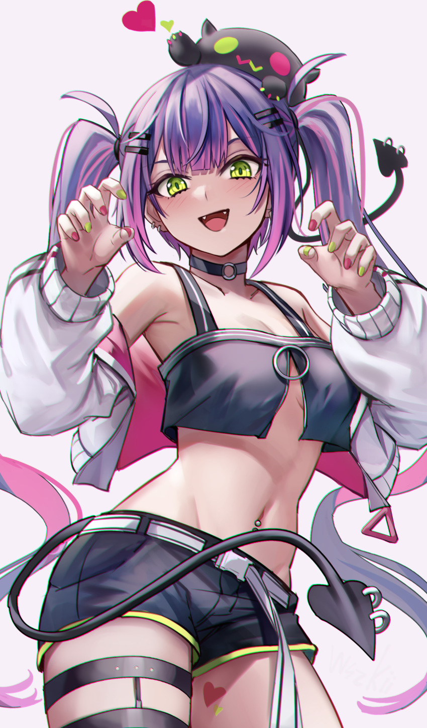 bangs belt black_shorts black_tank_top blunt_bangs claw_pose collar commentary_request demon_girl fangs green_eyes hair_ornament hairclip heart heart_tattoo highres hololive jacket leg_strap long_sleeves looking_at_viewer midriff multicolored_hair multicolored_nails navel navel_piercing open_mouth piercing pink_hair purple_hair purple_nails shorts sidelocks simple_background stomach streaked_hair tank_top tattoo tokoyami_towa twintails virtual_youtuber white_background white_belt white_jacket wszkii yellow_nails