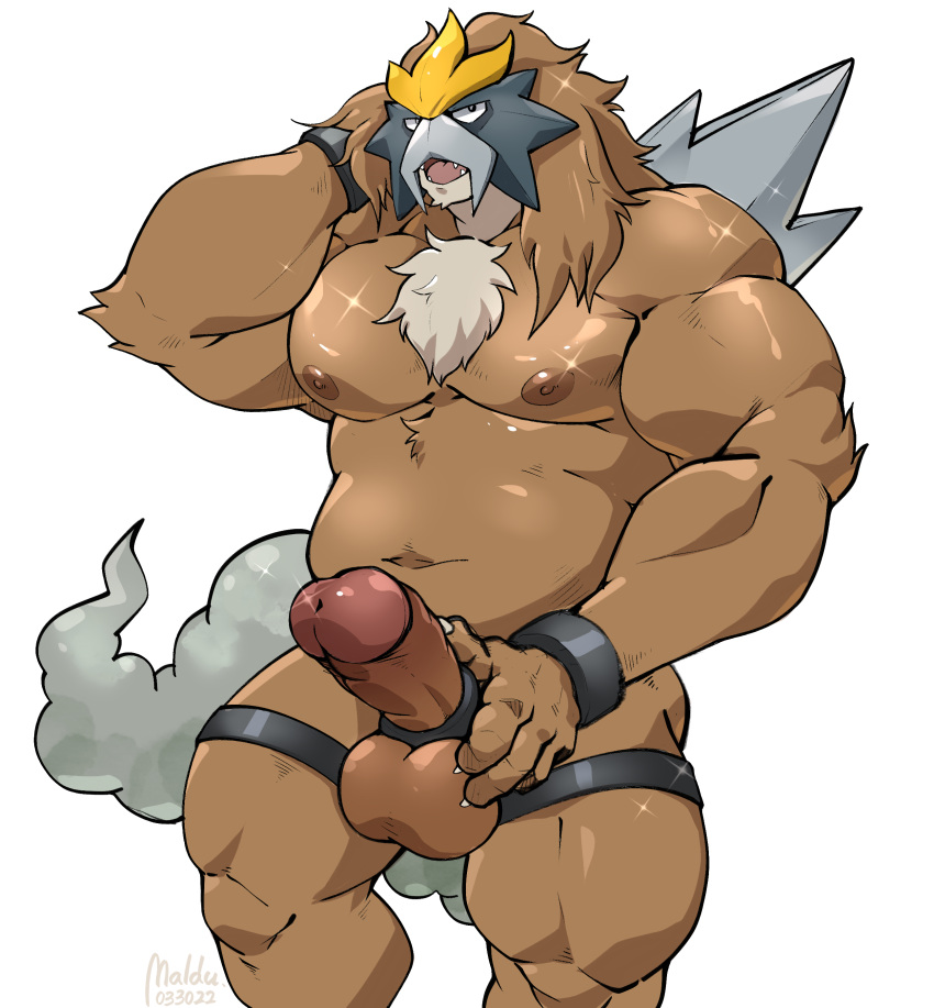 absurd_res anthro anthrofied balls big_muscles brown_body brown_fur chest_tuft entei erection fur genitals hi_res legendary_pok&eacute;mon maldu male muscular muscular_anthro muscular_male navel nintendo nipples pecs penis pok&eacute;mon pok&eacute;mon_(species) shiny_pok&eacute;mon simple_background solo tuft video_games white_background