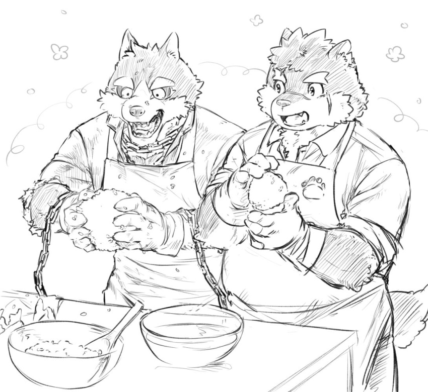 anthro apron canid canine canis chain clothing cooking domestic_dog duo eyebrows food garmr h_showg0 lifewonders male mammal moritaka rice rice_ball scar sketch thick_eyebrows tokyo_afterschool_summoners video_games