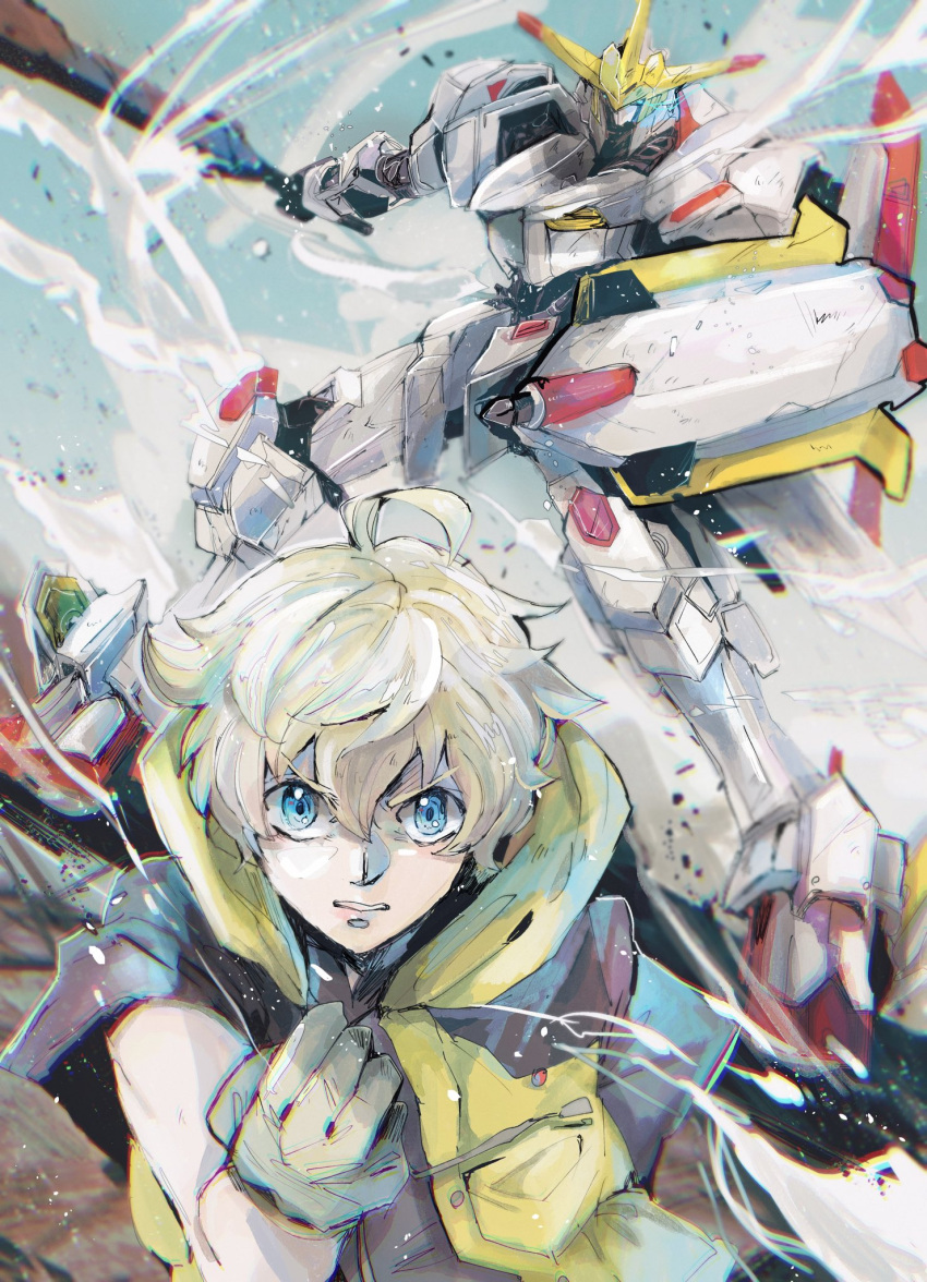 1boy ahoge blonde_hair blue_eyes clenched_hand commentary dust_cloud frown gloves gundam gundam_hajiroboshi gundam_tekketsu_no_orphans gundam_tekketsu_no_orphans_urdr_hunt highres holding holding_shield holding_sword holding_weapon kare_(0621utak) looking_at_viewer male_focus mecha mobile_suit shield short_hair short_sleeves sword v-fin vest weapon wistario_afam yellow_vest